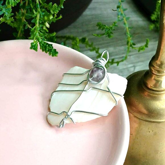 Fluorite Crystal & Shell Pendant, Wire Wrapped Gemstone Pendant, 2" - Picture 2 of 3